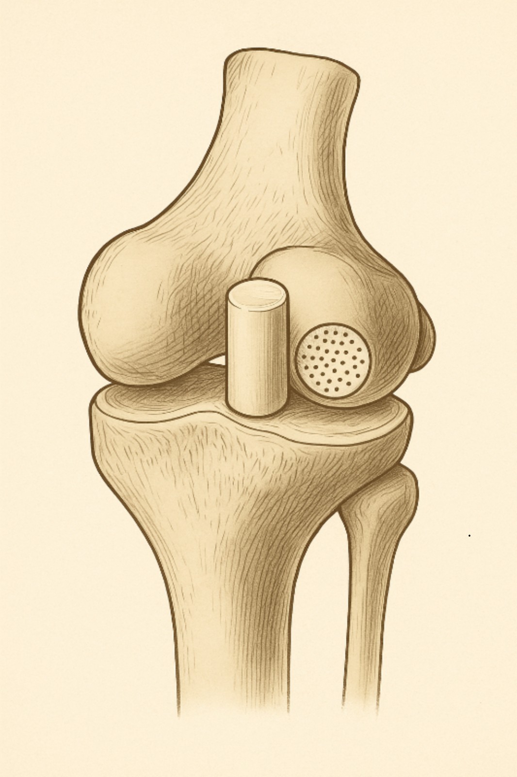 שתל האלמוג לפגיעה סחוסית בברך נראה כמו גליל קטן עם חורים של מסננת בקצהו
